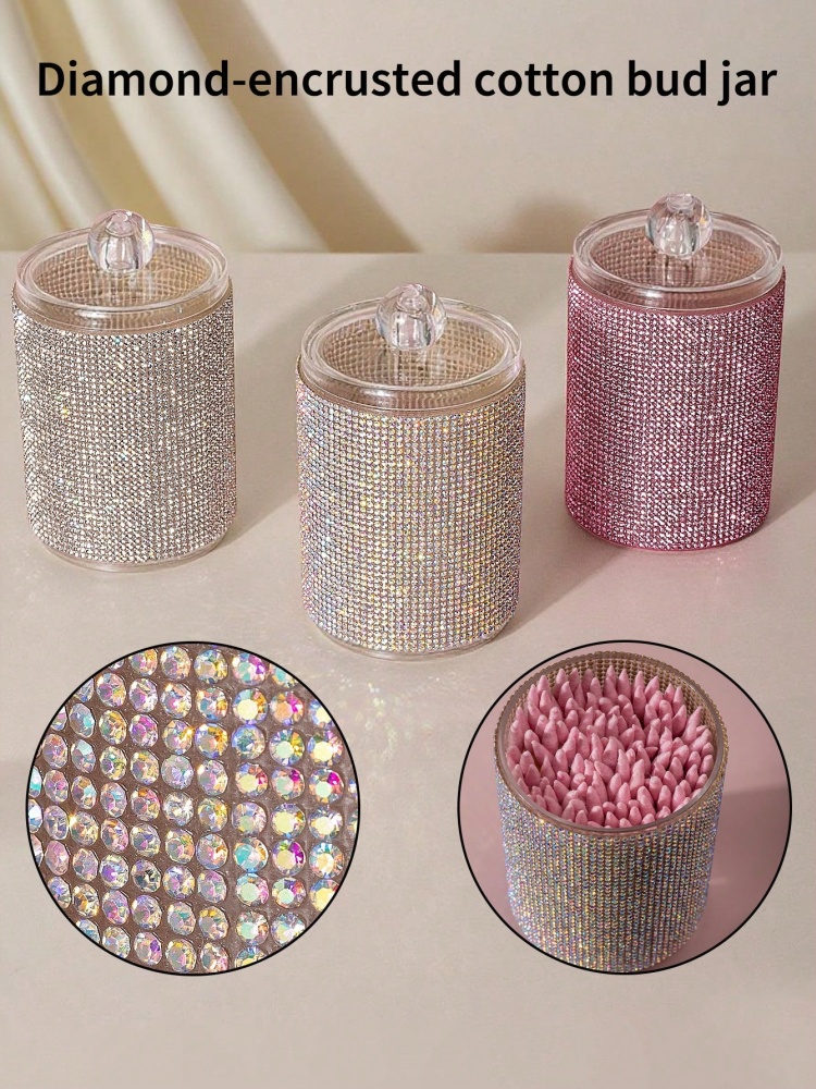 Luxury Skincare Containers - กล่องเก็บสำลีแบบหรูหรา 3 สี ประดับเพชร สำหรับตกแต่งห้องน้ำ โต๊ะเครื่องแป้ง