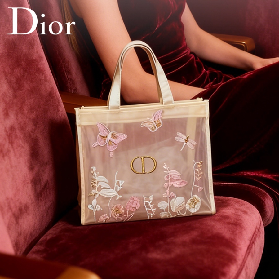 Luxury Skincare Products - กระเป๋าคริสเตียน ดิออร์ ดิออร์ กระเป๋าดีไซน์หรูหรา กระเป๋าแต่งหน้าตาข่ายกึ่งโปร่งใส ลายผีเสื้อ